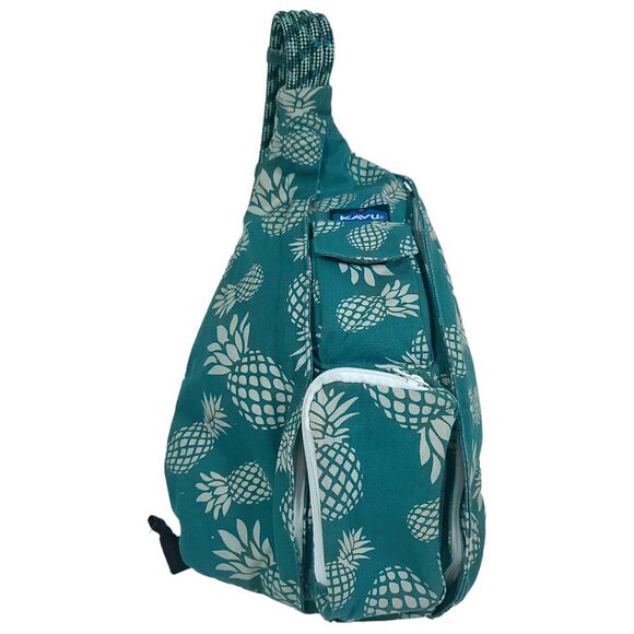 Kavu Rope Sling Bag Teal Pineapple print Crossbody Zipper Pockets boho Hippie - Picture 1 of 16